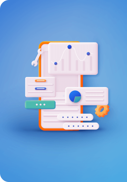 A blue background with an icon of a phone and graphs.