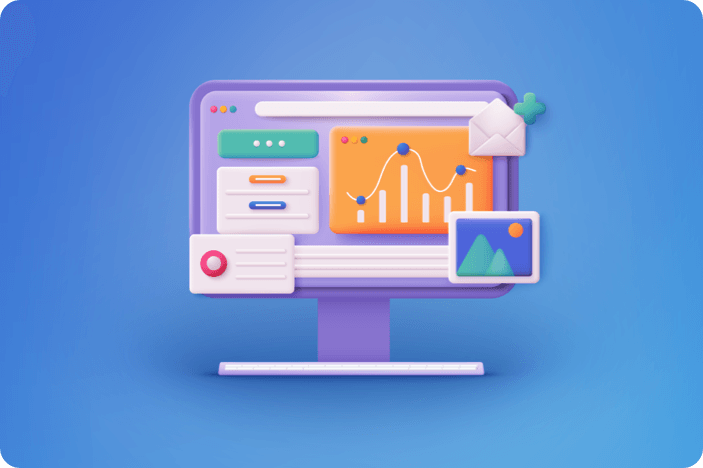 Icon with computer and graphs, metrics, and other digital marketing imagery.